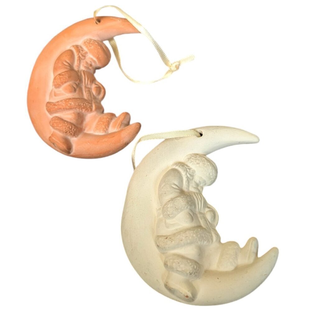 Ceramic Clay Half‎ Moon Sleeping Santa Christmas Tree Holiday Ornaments Vintage